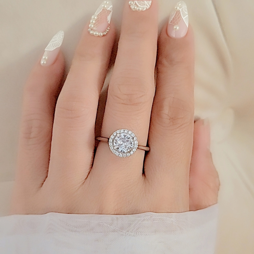Round Cubic Zirconia Floral Halo Ring 925 Sterling Silver Size 8